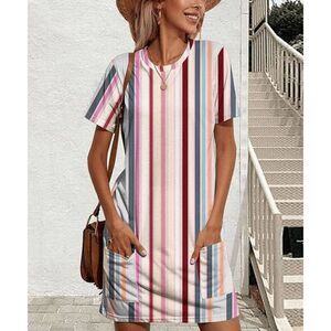 Blue & Red Stripe Pocket T-Shirt Dress S #1850-D1